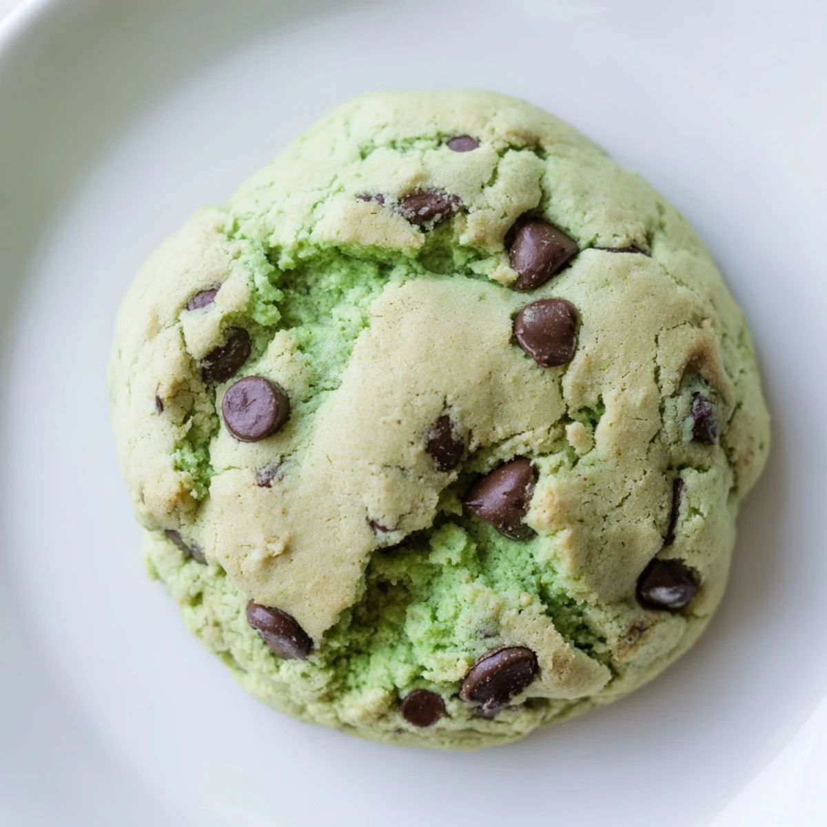 Freshly baked Green Mint Chocolate Chip Cookies on a cooling rack, with melty chocolate chips and a vibrant green hue.  