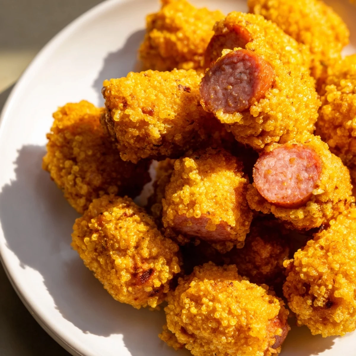 Hot Super Bowl Corn Dog Nuggets, fried until crisp with toothpicks, served alongside mustard and ketchup dipping sauces.  