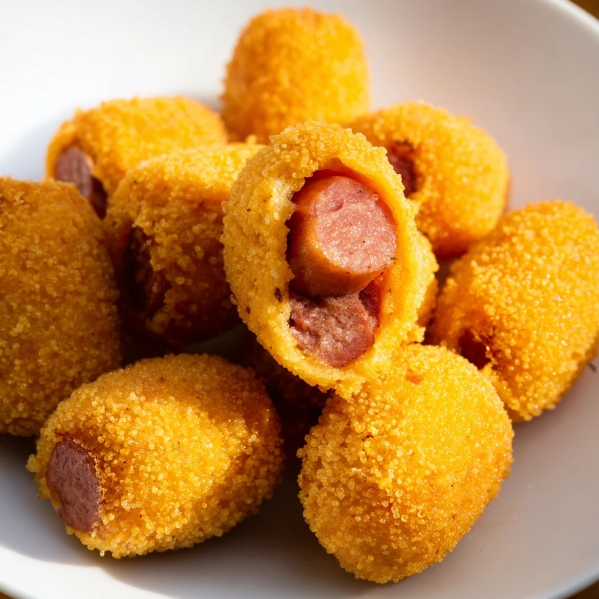Golden-brown Super Bowl Corn Dog Nuggets, bite-sized pieces on a platter with ketchup and mustard dips for game day snacking.  