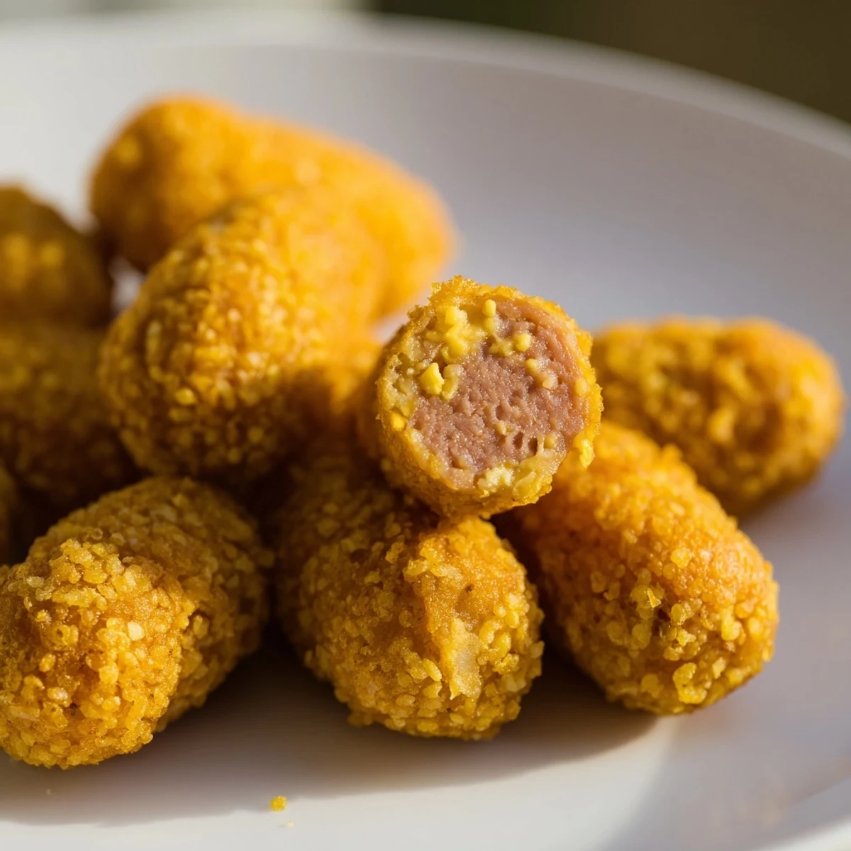 Freshly fried Super Bowl Corn Dog Nuggets, made with halal hot dogs and golden batter, piled high on a rustic board.