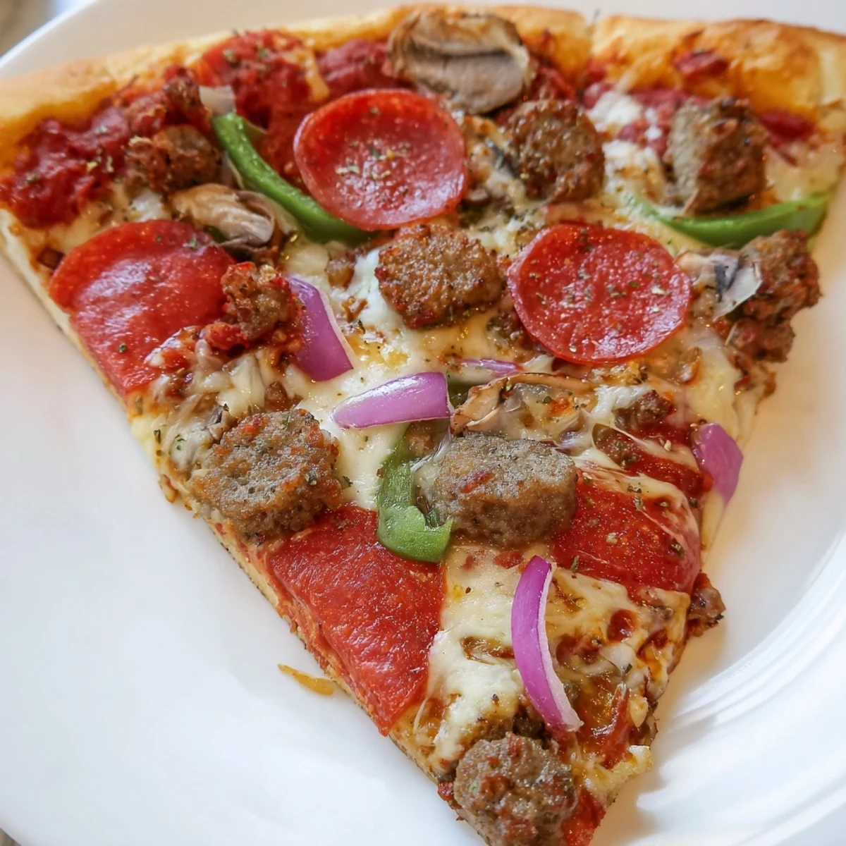 Freshly baked MVP Meat Lover Pizza topped with halal beef pepperoni, sausage, and bacon, with melted mozzarella and cheddar on a golden crust.  