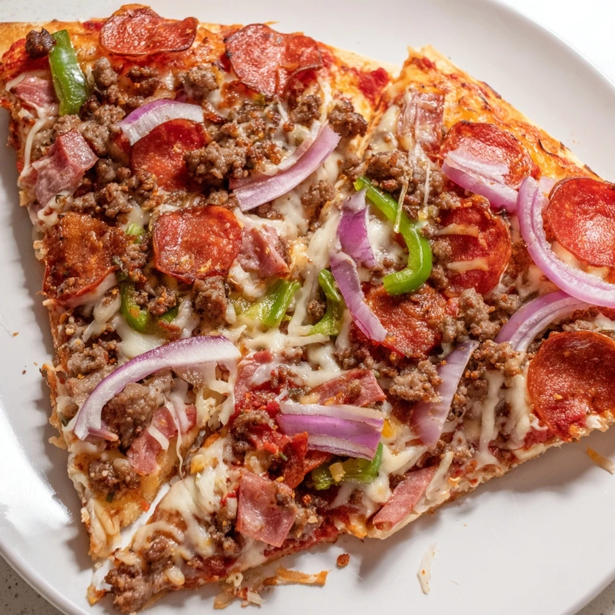 A close-up view of the MVP Meat Lover Pizza, showcasing halal ground beef, sliced red onion, and green bell peppers on a robust tomato sauce.  