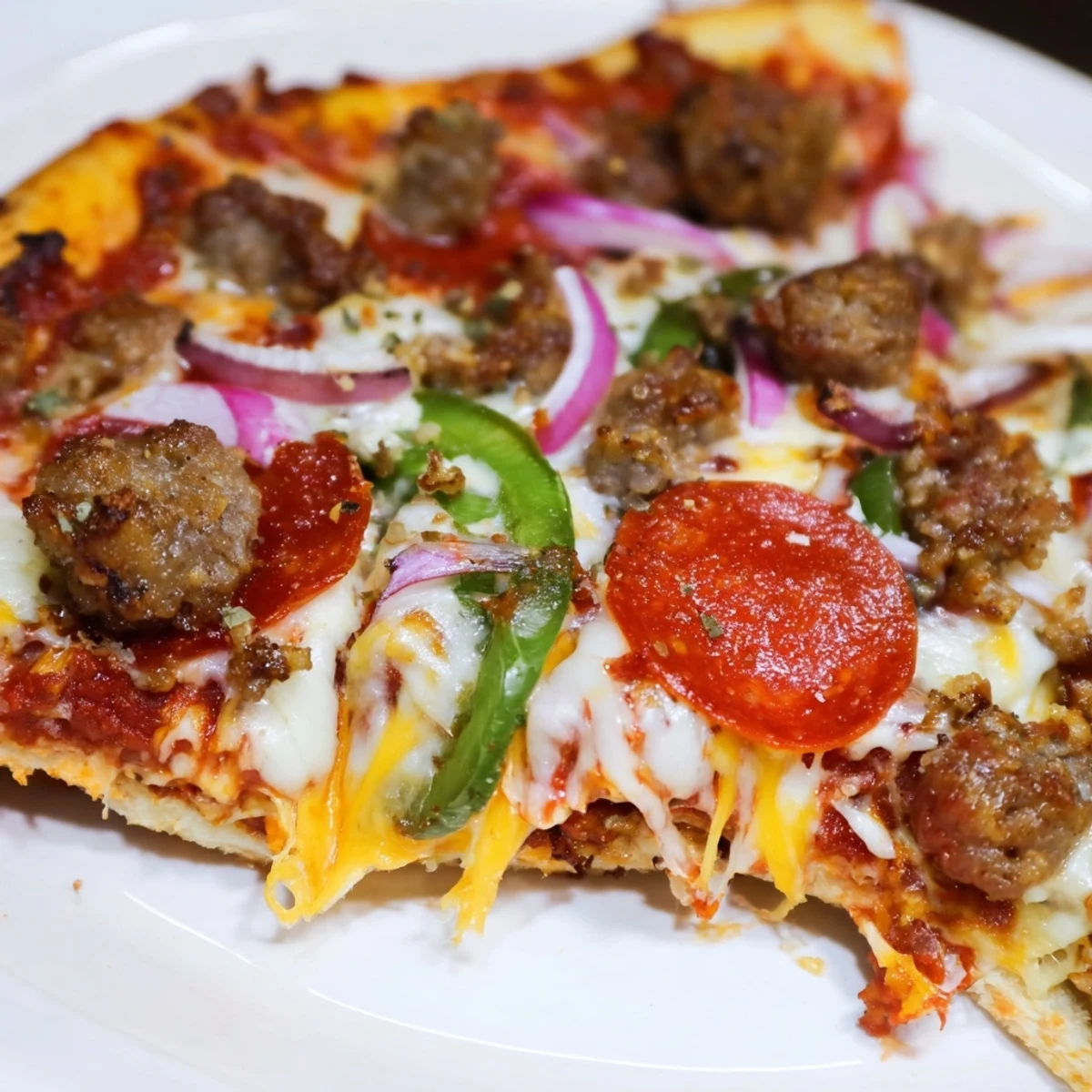 Sizzling MVP Meat Lover Pizza fresh from the oven, featuring halal-certified meats and a cheesy blend, ready to be sliced for a hearty dinner.