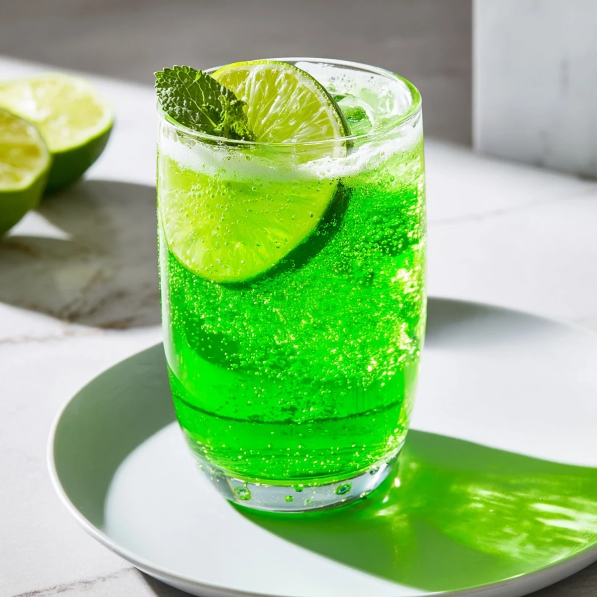 A vibrant, chilled St. Patricks Day Green Beer Mocktail in a frosty glass, garnished with fresh lime and mint for a festive non-alcoholic sip.