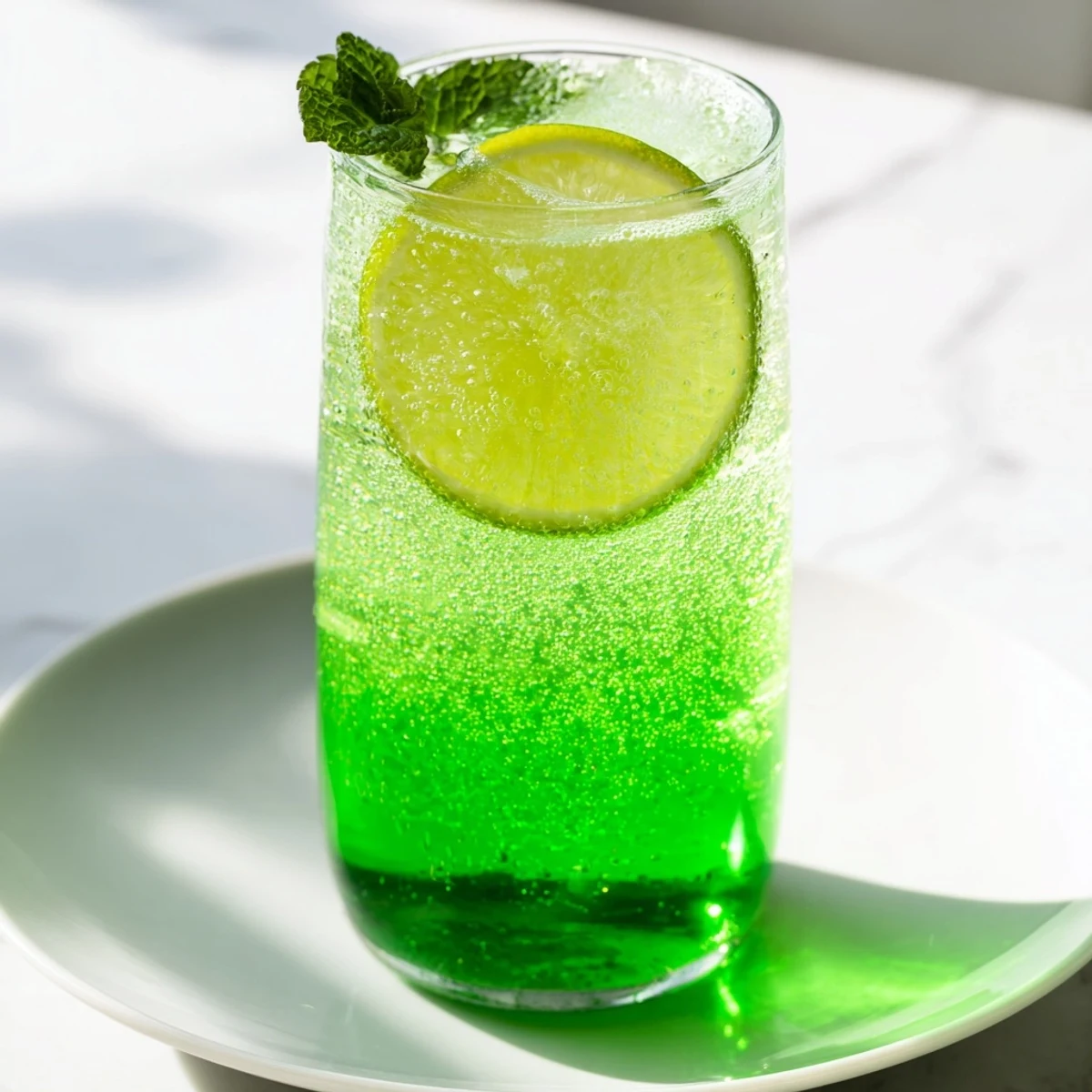 Bright green mocktail with lemon-lime soda and ginger beer, topped with lime wheels, ready for a family-friendly St. Patricks Day celebration.