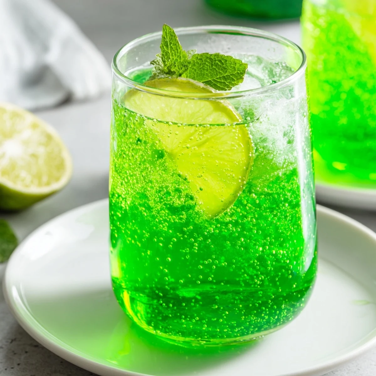 Close-up of the refreshing St. Patricks Day Green Beer Mocktail, showcasing its vivid green hue and bubbly texture served over ice.