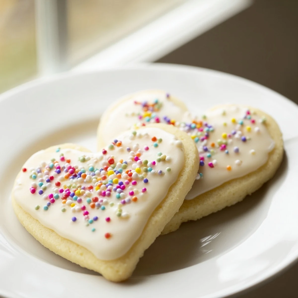 Freshly baked Sweetheart Sugar Cookies, decorated with red glaze and heart-shaped sprinkles, cooling on a wire rack.
