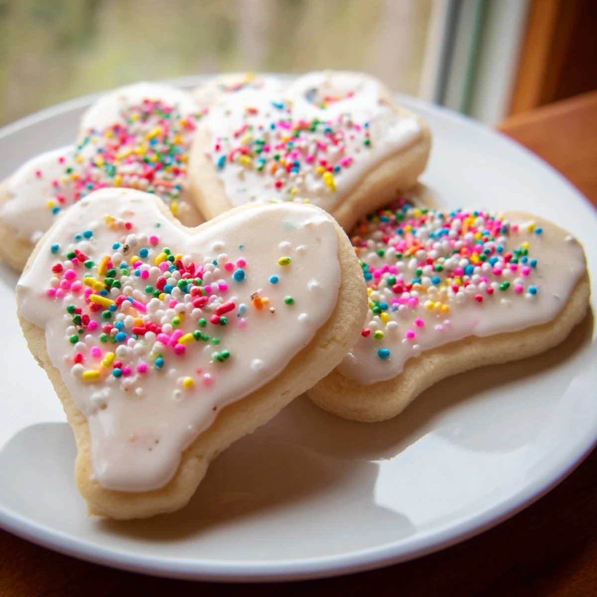 A hand holds a Sweetheart Sugar Cookie with a vanilla glaze, showcasing its tender crumb near a glass of milk.