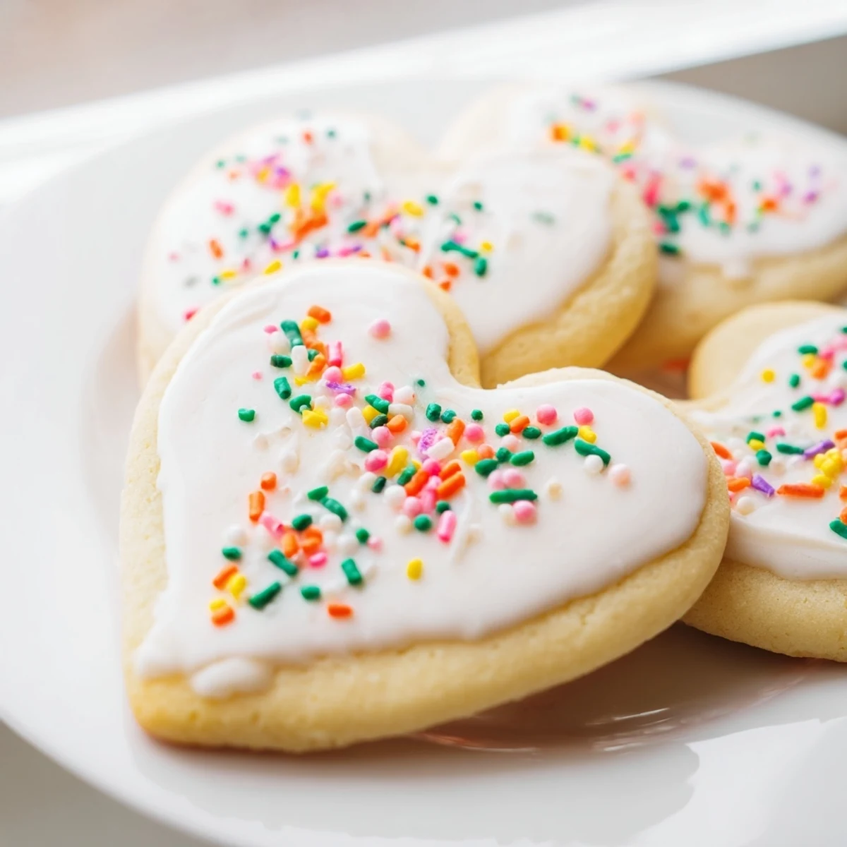 Sweetheart Sugar Cookies arranged on a platter with a bowl of glaze, ready for Valentine's Day sharing.