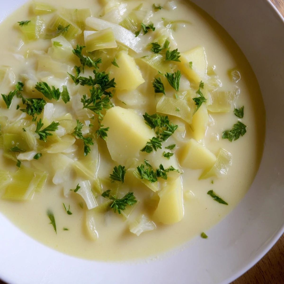 Steaming bowls of creamy Irish Leek and Potato Soup garnished with fresh parsley, served warm on a rustic wooden table.  