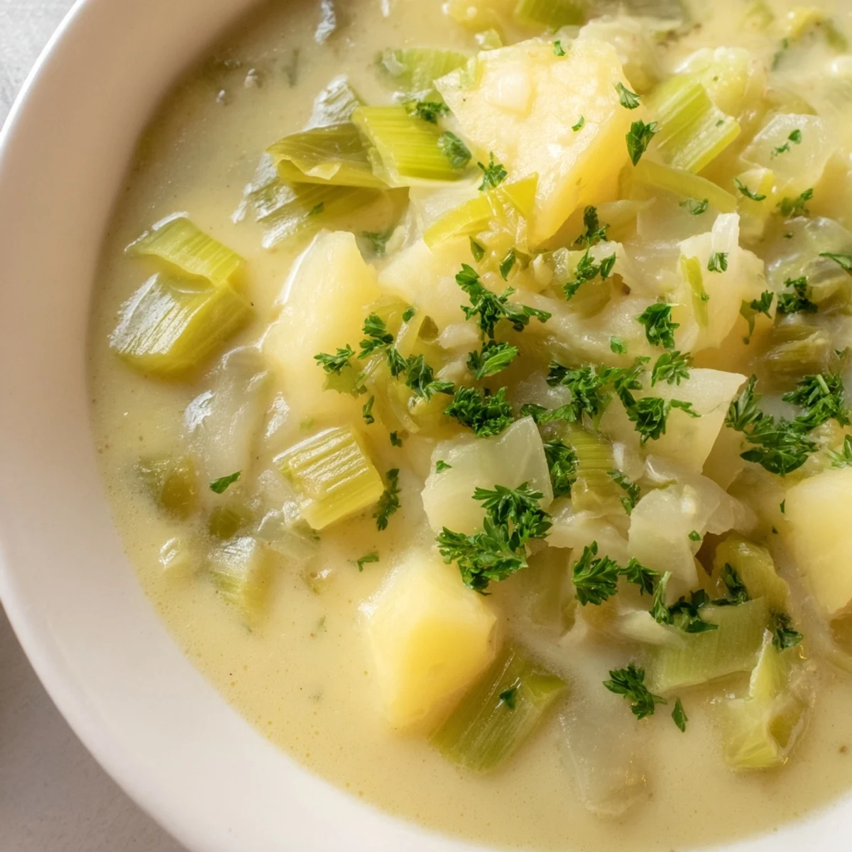 Irish Leek and Potato Soup in a white ceramic bowl with a slice of crusty bread on the side.