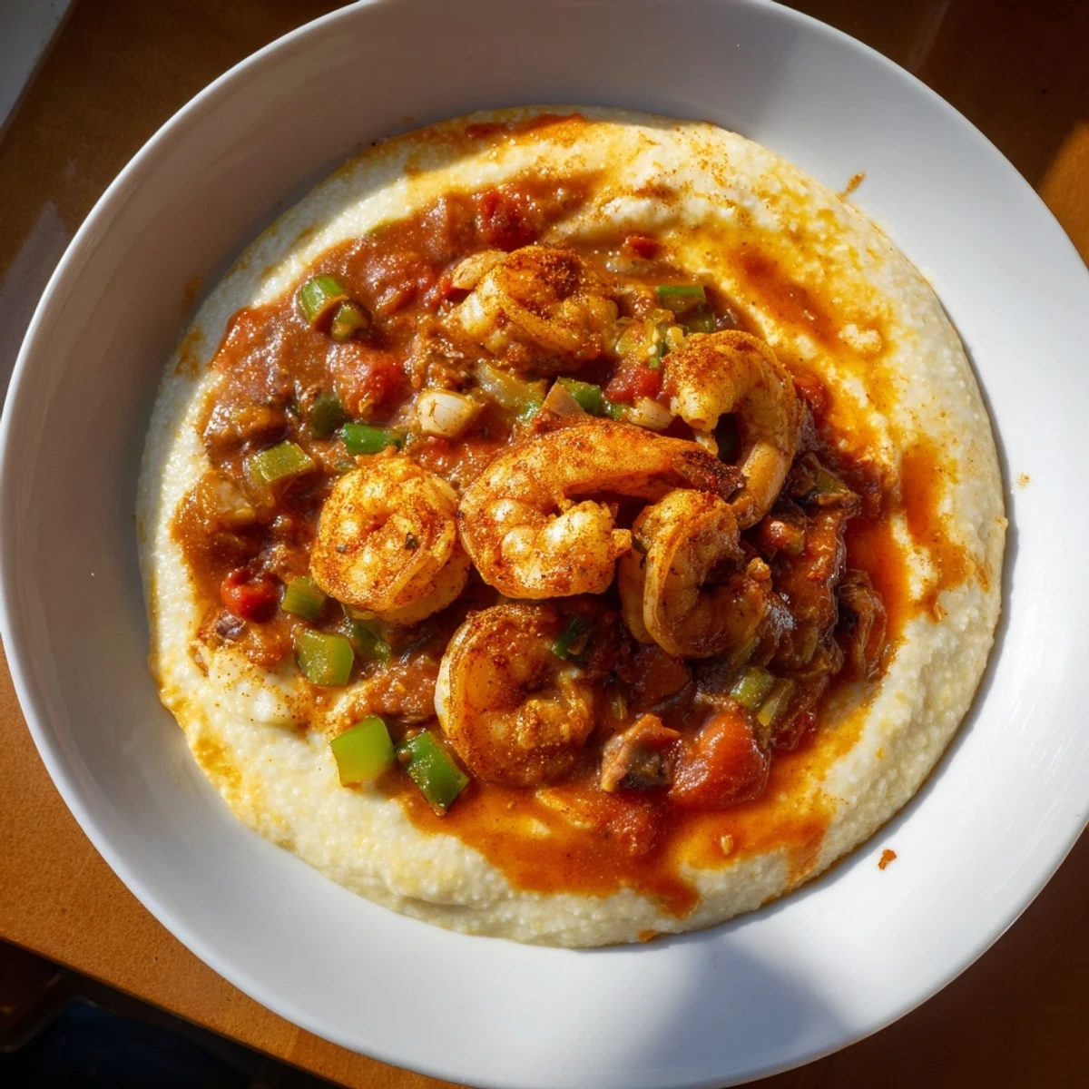 Deep red Creole sauce ladled over cheesy grits, piled with plump pink shrimp and fresh parsley garnish.