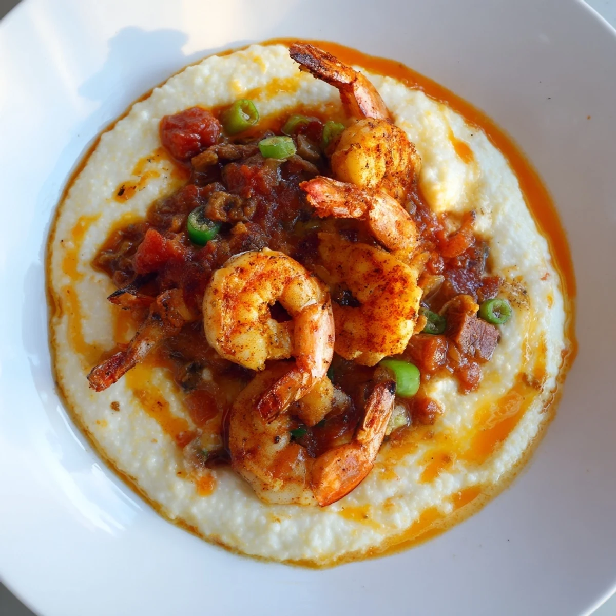 Buttery grits paired with spicy Creole shrimp and smoky sausage, perfect for cozy Southern family dinners.