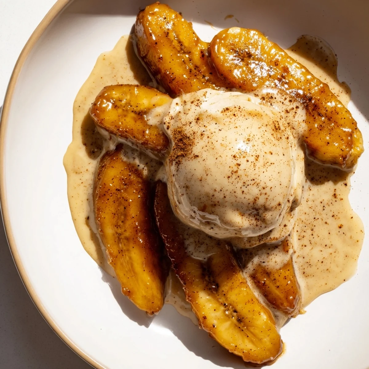 Easy homemade bananas Foster dessert with glistening sauce, served in a dish with vanilla ice cream.