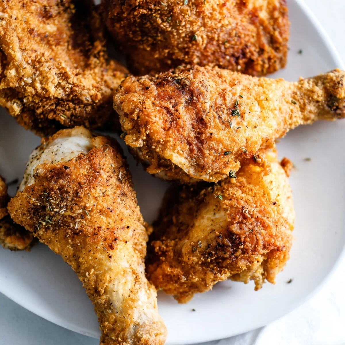 Golden-brown Cajun Fried Chicken pieces resting on a wire rack, showcasing crispy, seasoned crust with juicy interiors.