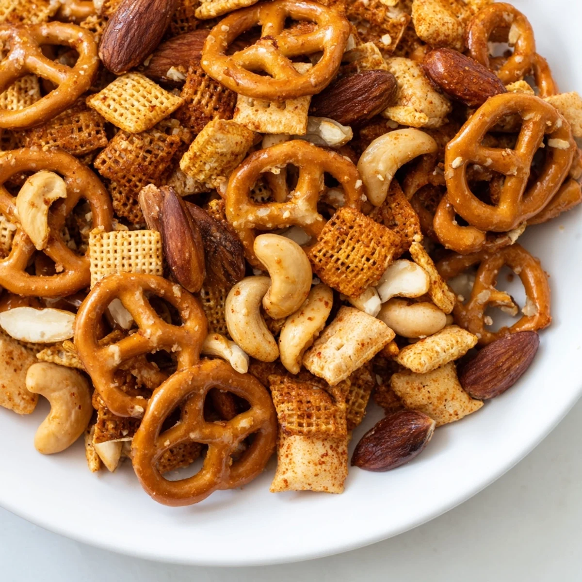 Golden-brown Super Bowl Snack Mix with Nuts and Pretzels spills from a wooden serving bowl, showcasing crunchy pretzels, toasted nuts, and cheese crackers glistening with savory seasoning.