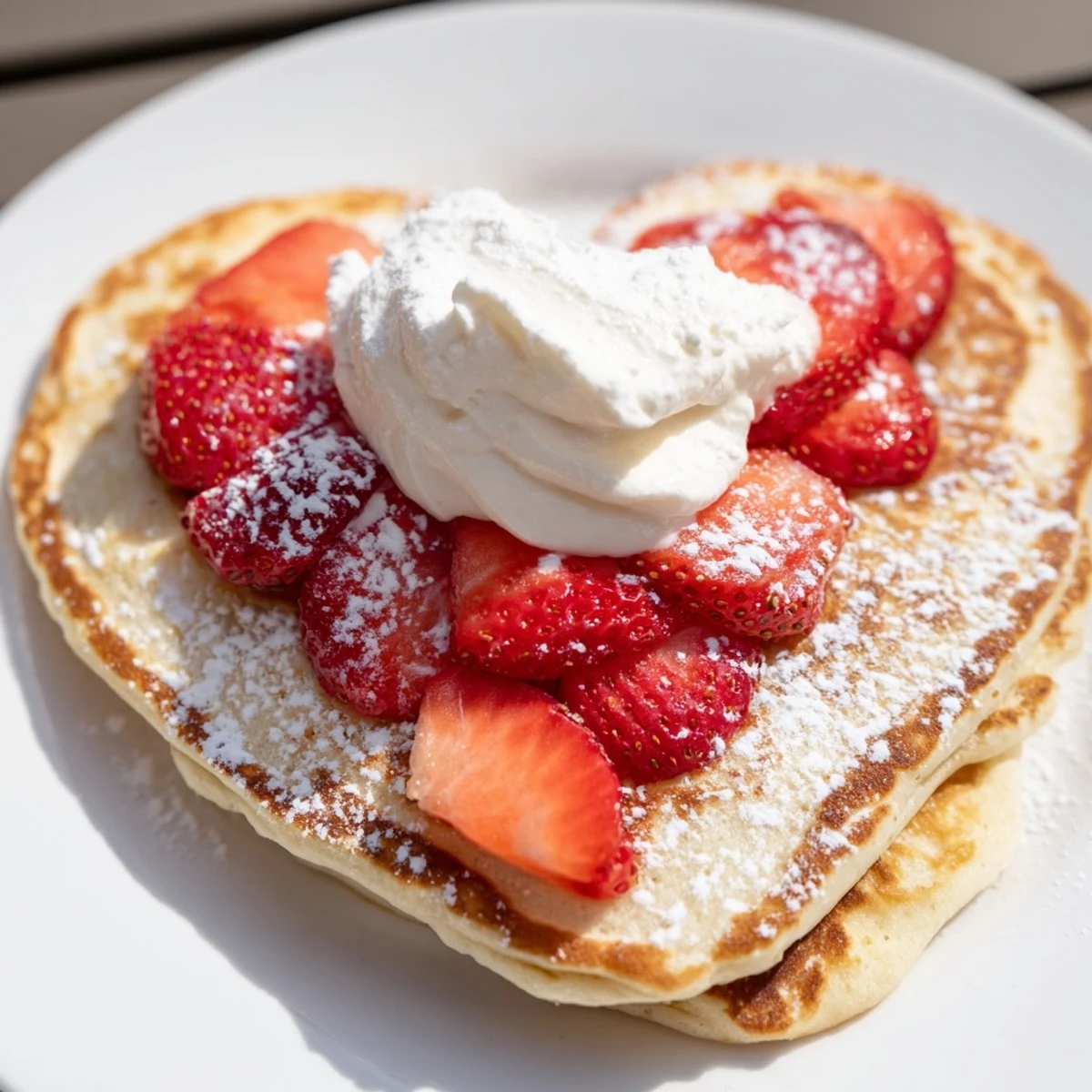 Golden-brown heart-shaped Valentine Breakfast Pancakes stacked high, topped with fresh sliced strawberries and a dollop of whipped cream.