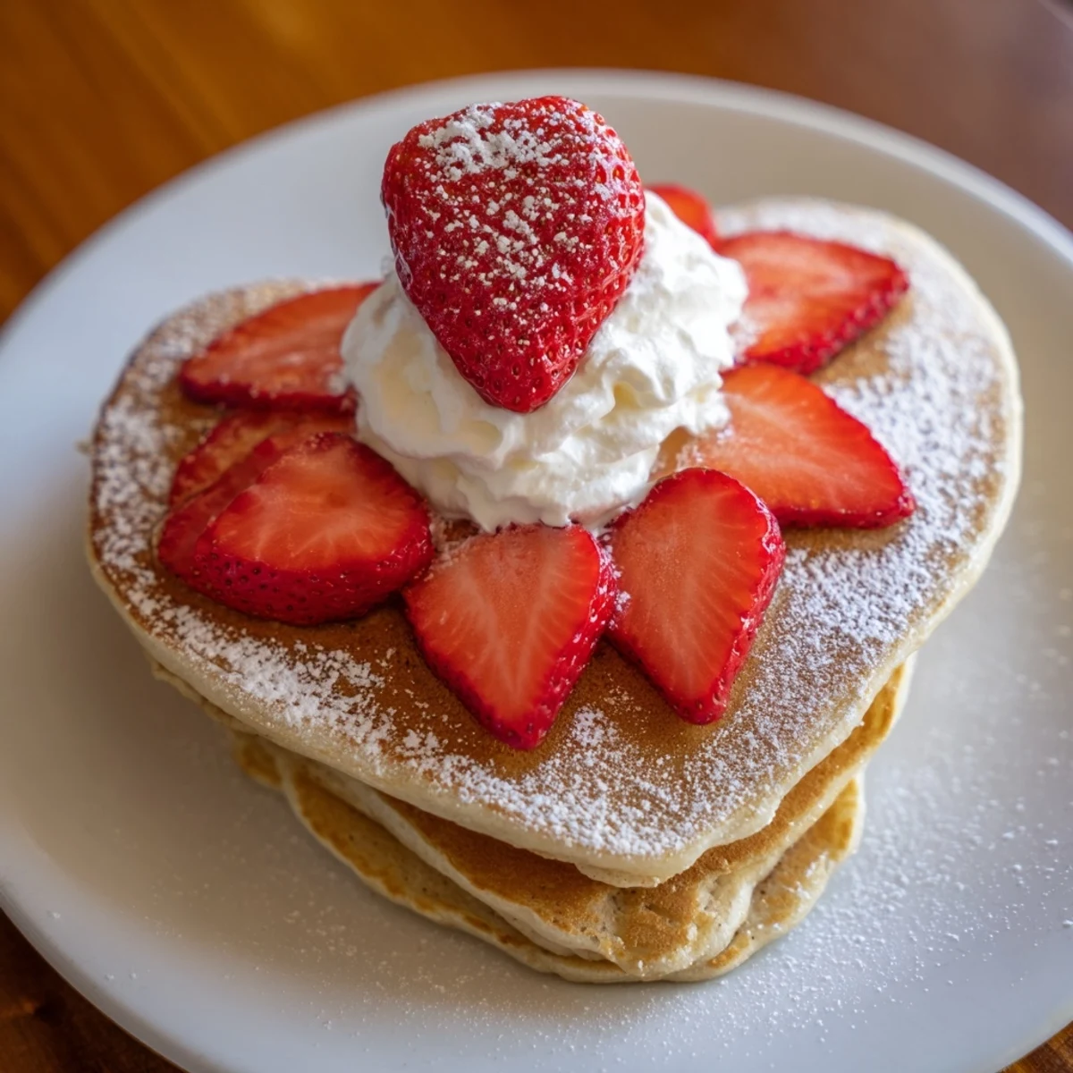 Valentine Breakfast Pancakes with strawberries on a white plate, drizzled generously with warm maple syrup for breakfast.