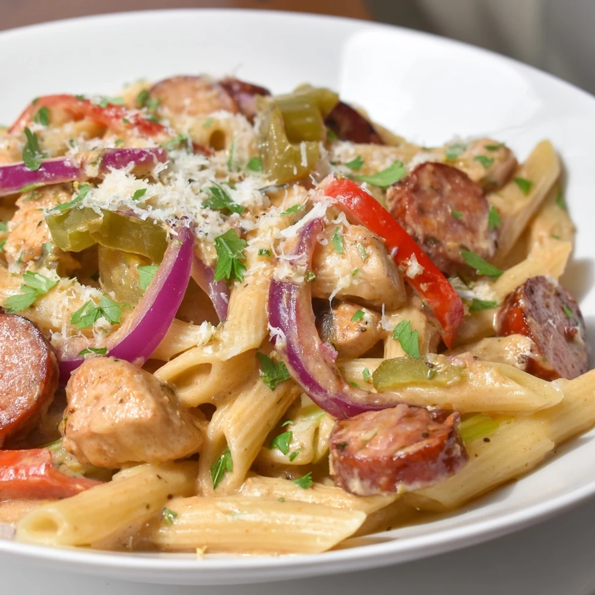Tender chicken and smoked sausage in a creamy, spicy Cajun sauce.
