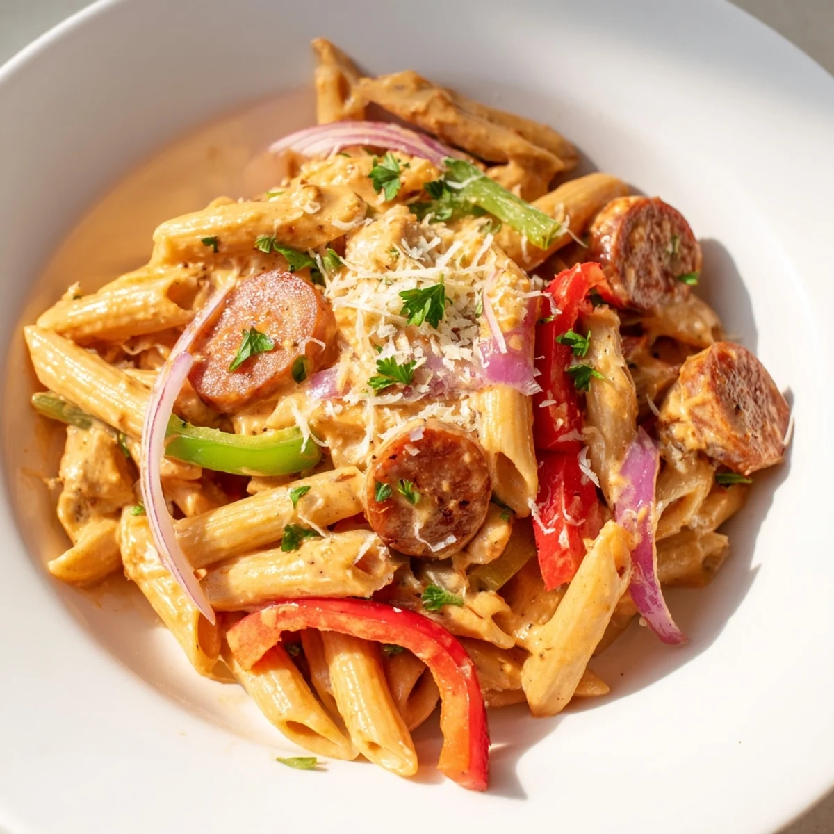 Spicy Jambalaya Pasta with chicken, sausage, and peppers on a white plate.