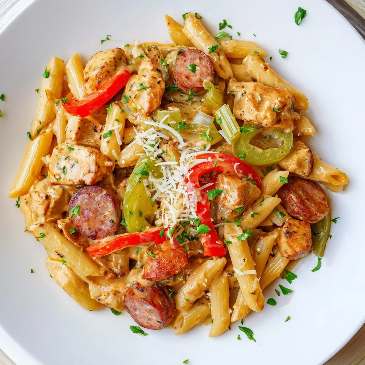 Close-up of Spicy Jambalaya Pasta garnished with parsley and grated Parmesan cheese.