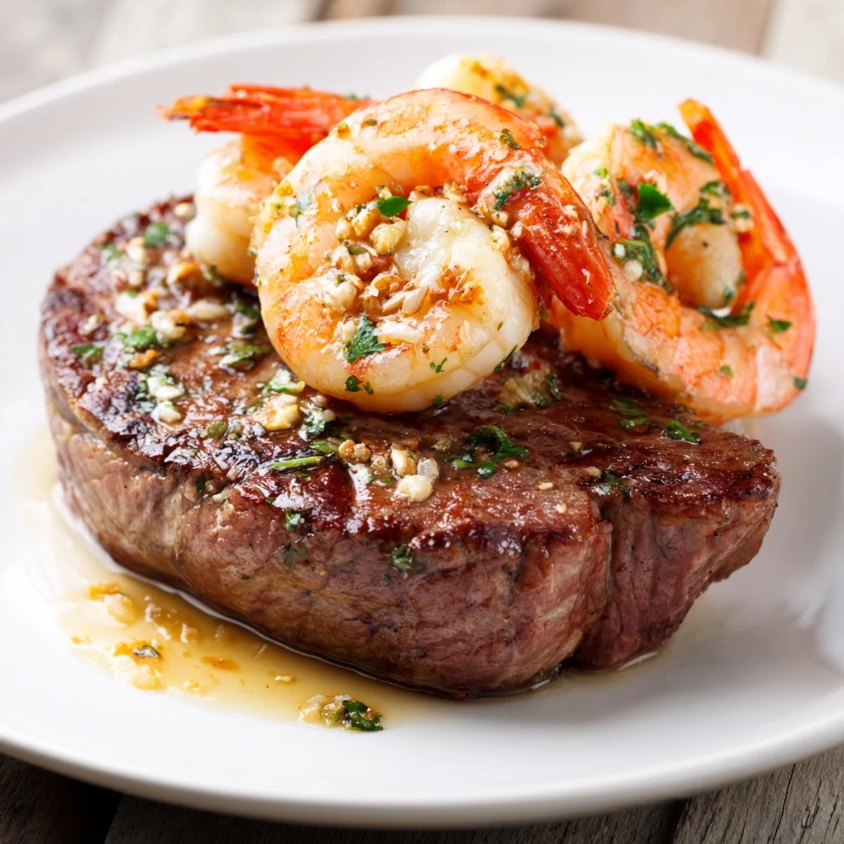 Freshly seared Romantic Surf and Turf Steak and Shrimp with garlic butter and lemon, resting on a plate.