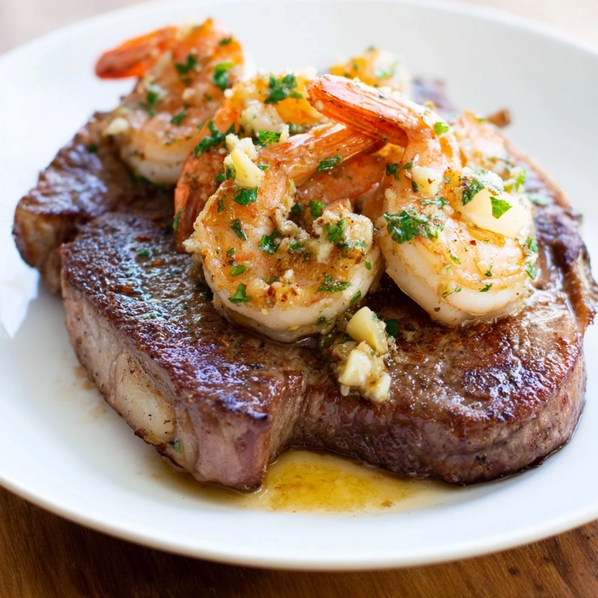 Tender Romantic Surf and Turf Steak and Shrimp plated with roasted asparagus and a glass of red wine.