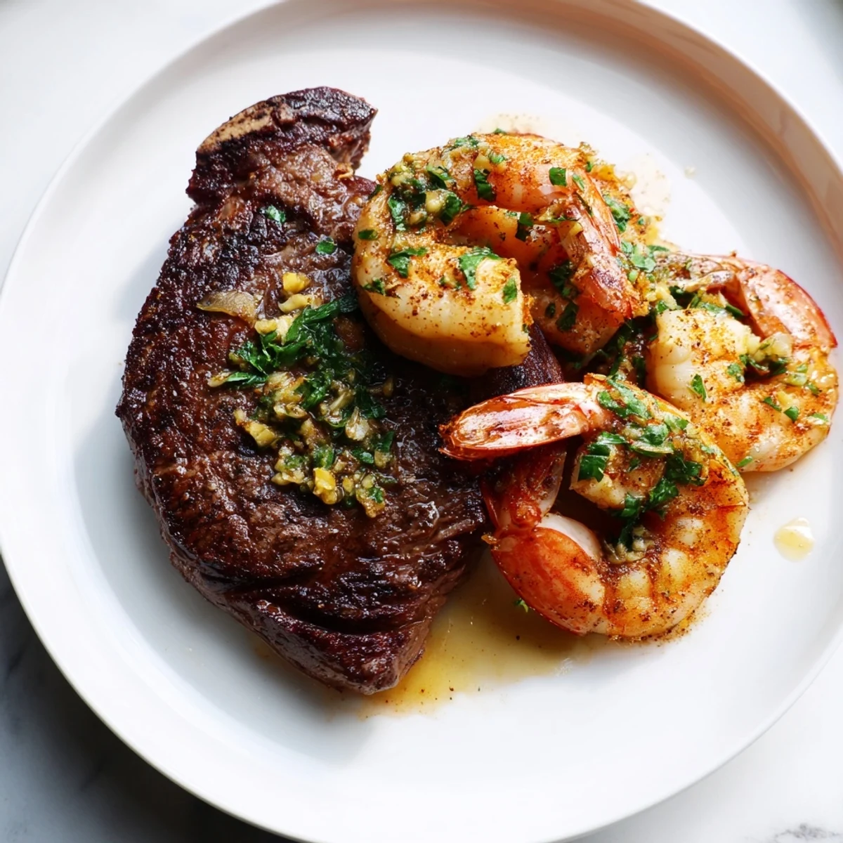 Sizzling Romantic Surf and Turf Steak and Shrimp sautéed in herbs, finished with a drizzle of pan juices.
