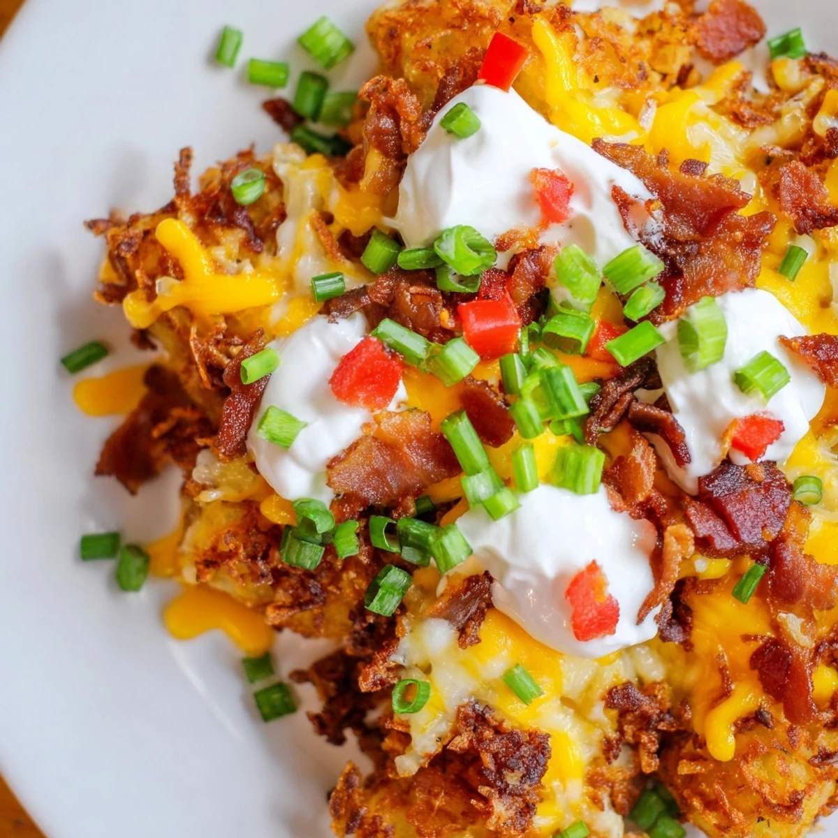 Crispy golden Loaded Tater Tots with Cheese and Beef Bacon topped with melted cheddar and chopped beef bacon.