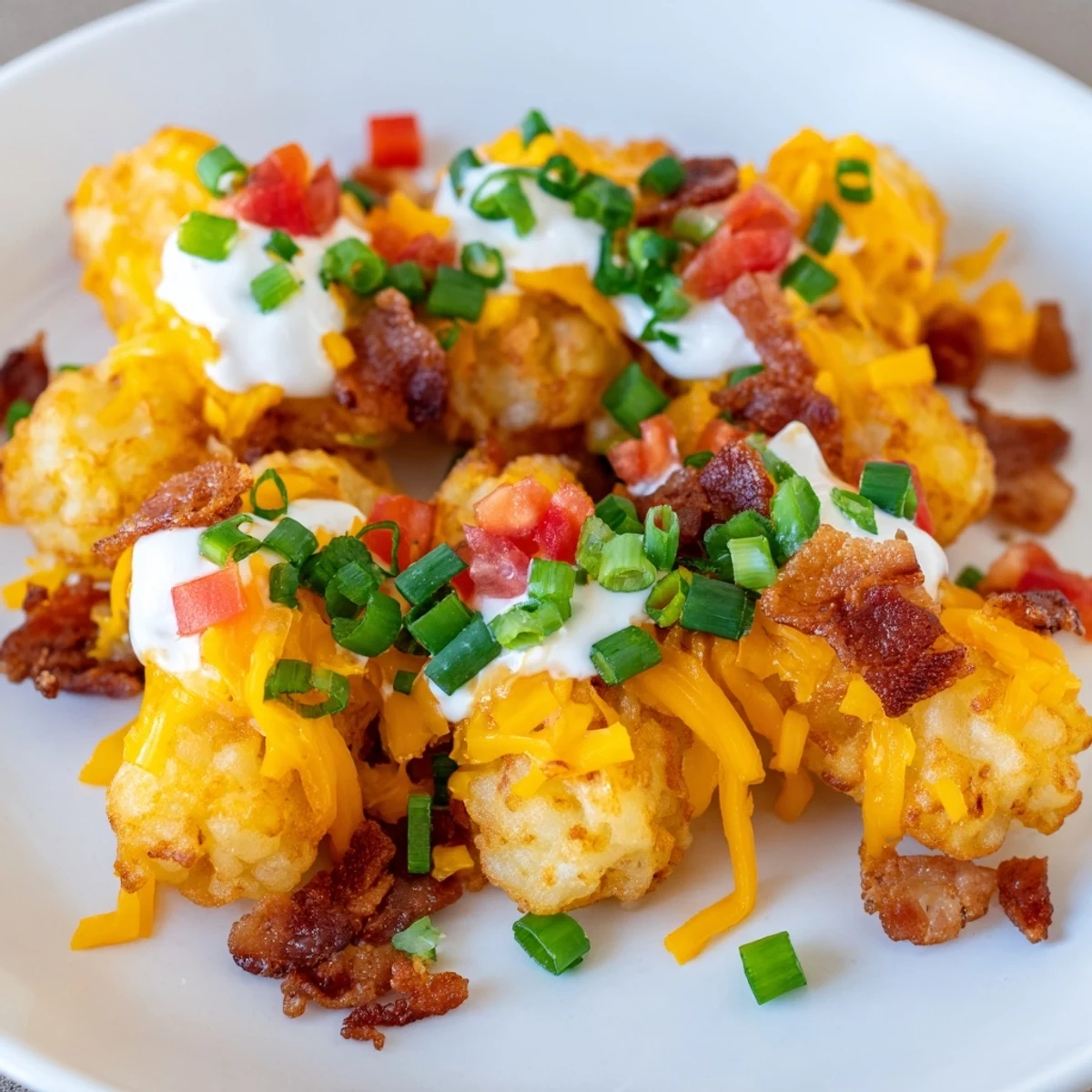 Loaded Tater Tots with Cheese and Beef Bacon served on a platter with sour cream, chives, and diced tomatoes.
