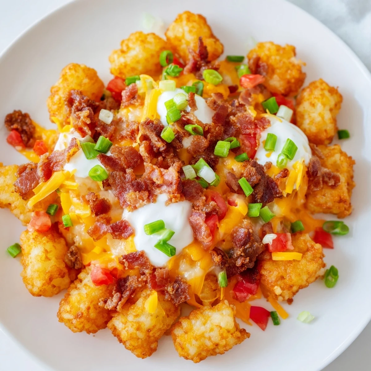 Baked Loaded Tater Tots with Cheese and Beef Bacon bubbling with cheddar, beef bacon bits, and fresh green onions.