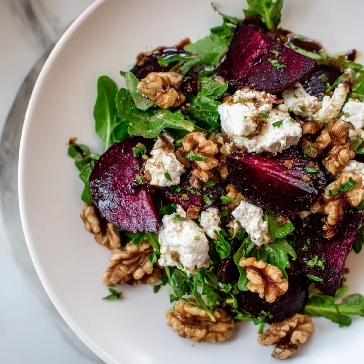 A generous platter of Roasted Beet and Goat Cheese Salad with Walnuts, topped with creamy crumbles and vinaigrette.