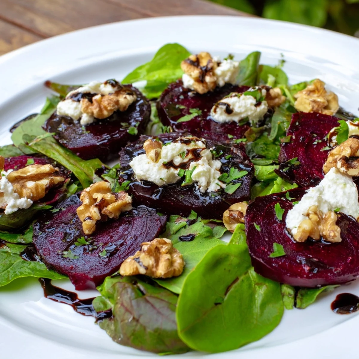 Vibrant, tender wedges of Roasted Beet and Goat Cheese Salad with Walnuts plated on fresh greens, dressed in balsamic.