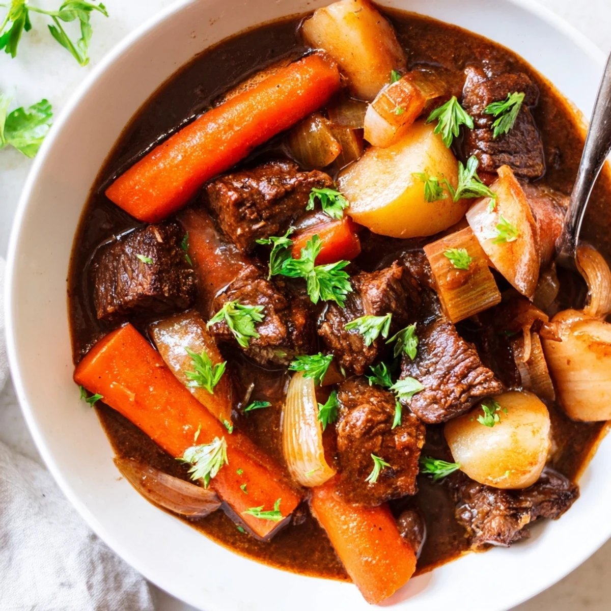 A spoon lifts tender beef from Guinness-Style Alcohol-Free Beef Stew in a rustic bowl.