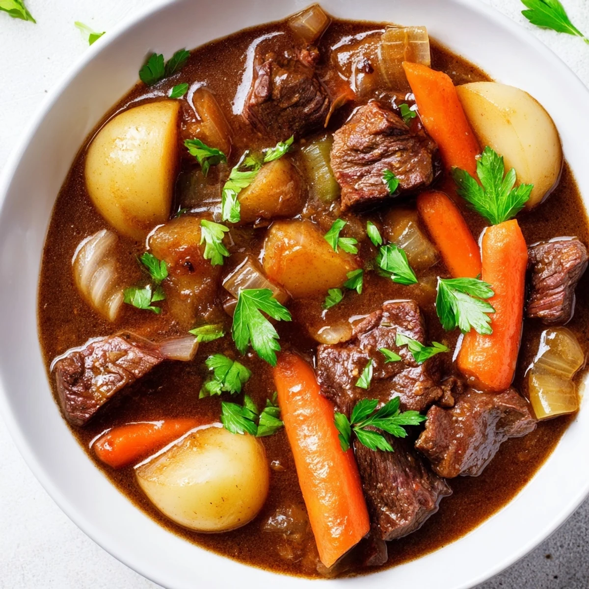 Rich, dark broth with carrots, parsnips, and potatoes in a cozy Irish-style stew.