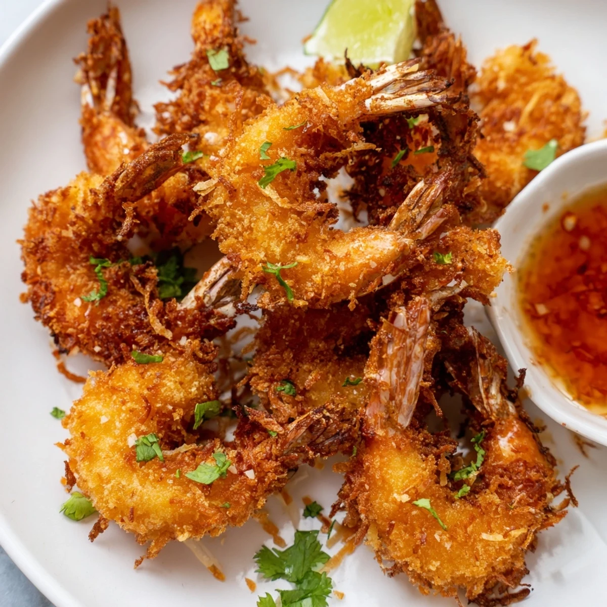 Crispy Coconut Shrimp piled high on a plate, garnished with fresh cilantro and served with a vibrant sweet chili dipping sauce for a tangy kick.