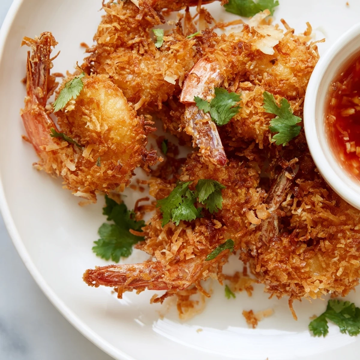 A close-up of golden, crunchy Crispy Coconut Shrimp with flaky panko and shredded coconut coating, ready to be dipped in sweet chili sauce.