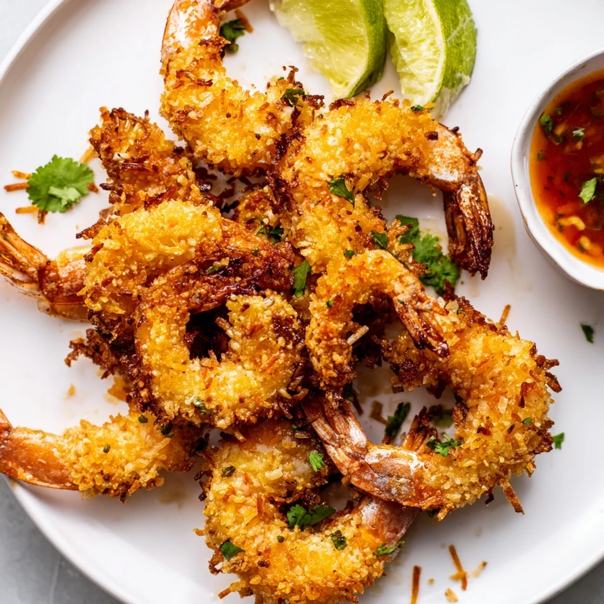 Freshly fried Crispy Coconut Shrimp arranged on a platter with lime wedges, perfect as a party appetizer or game-day snack.