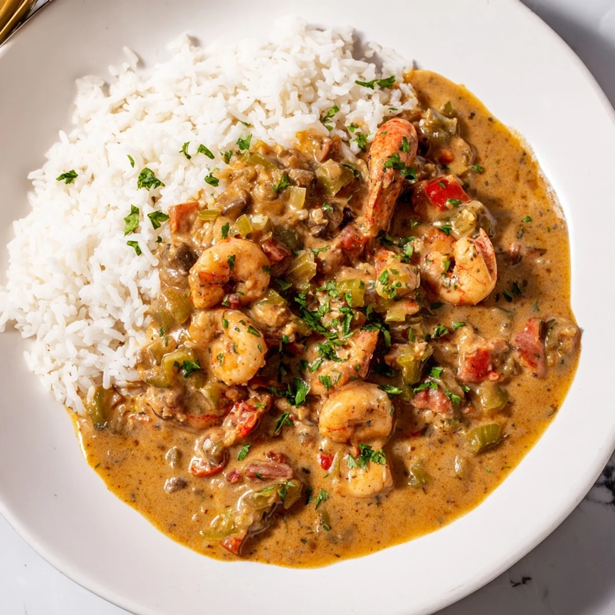 Crawfish Étouffée with steamed rice ladled generously over fluffy grains, garnished with fresh parsley.