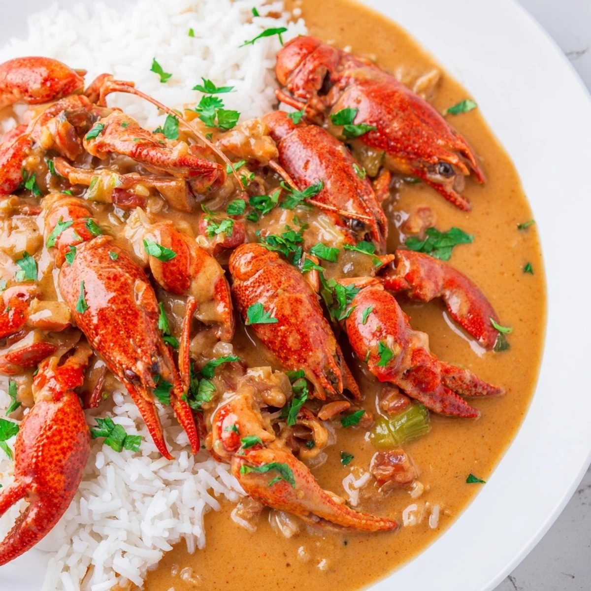 Close-up of tender crawfish tails in a rich, savory roux-based sauce beside bright, fluffy steamed rice.