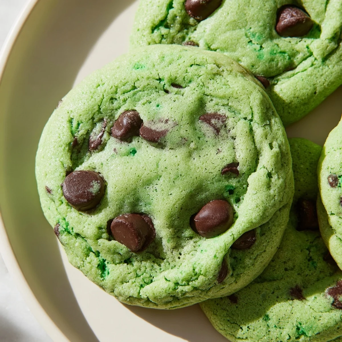 Freshly baked Mint Chocolate Chip Cookies on a wire rack with gooey chocolate chips and vibrant green hue.