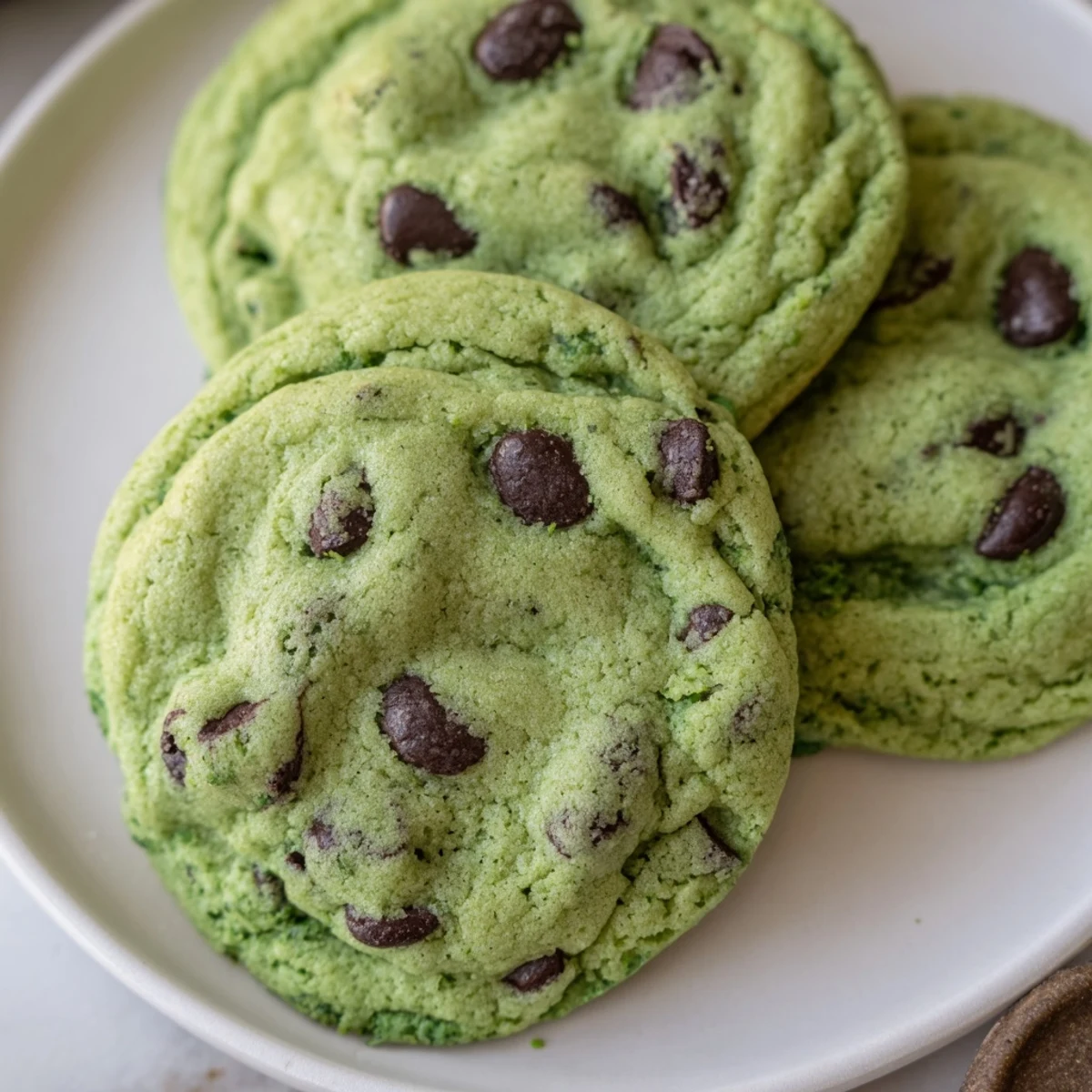 Chewy Mint Chocolate Chip Cookies stacked on a plate, served with a cold glass of milk for dipping.
