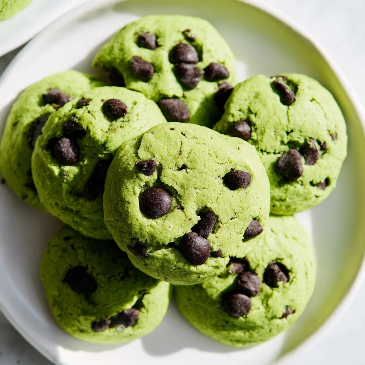 Close-up of warm Mint Chocolate Chip Cookies revealing soft centers and melted semi-sweet chocolate chips.