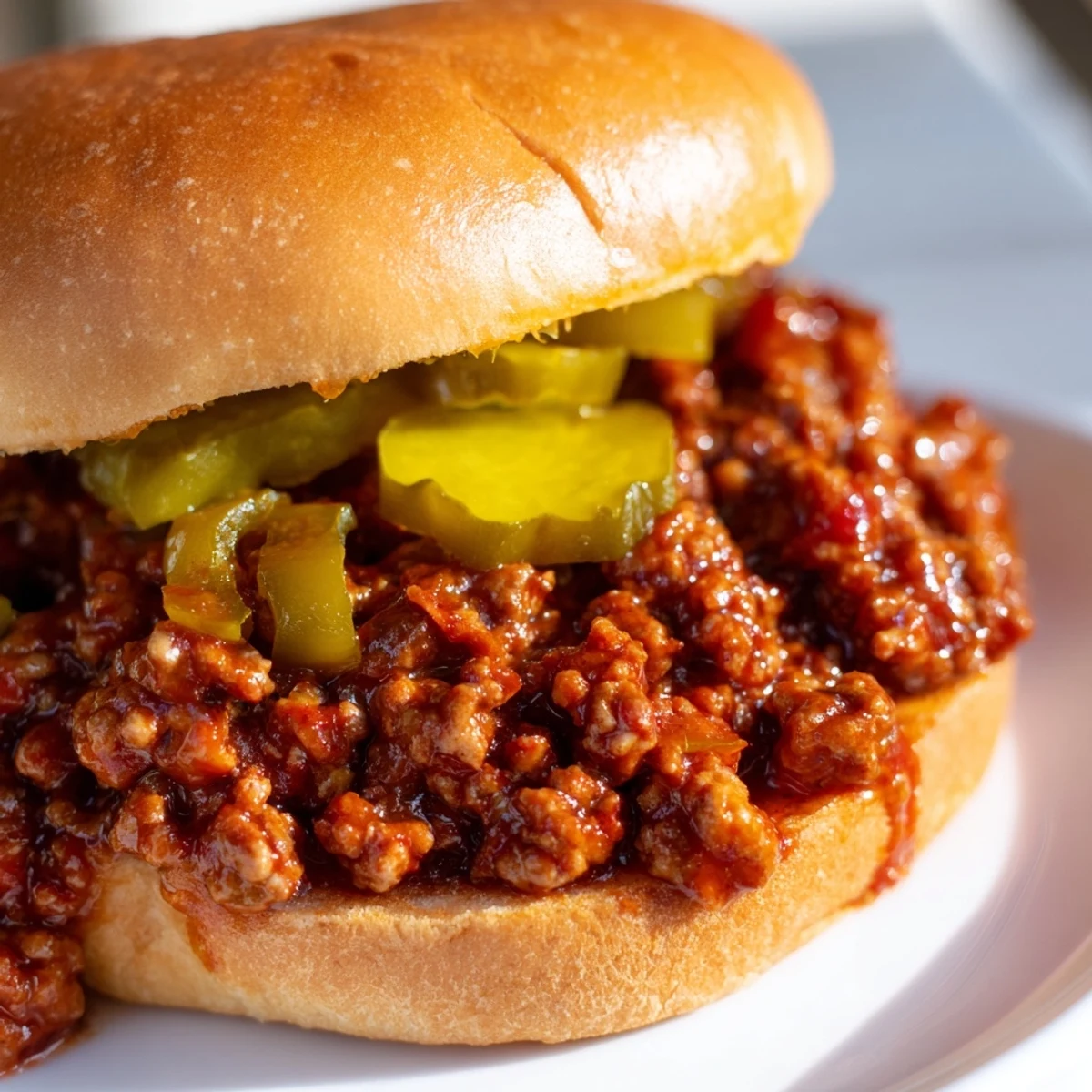 A close-up view of Sloppy Joes in a skillet, simmering with a thick, rich, and glossy sauce.