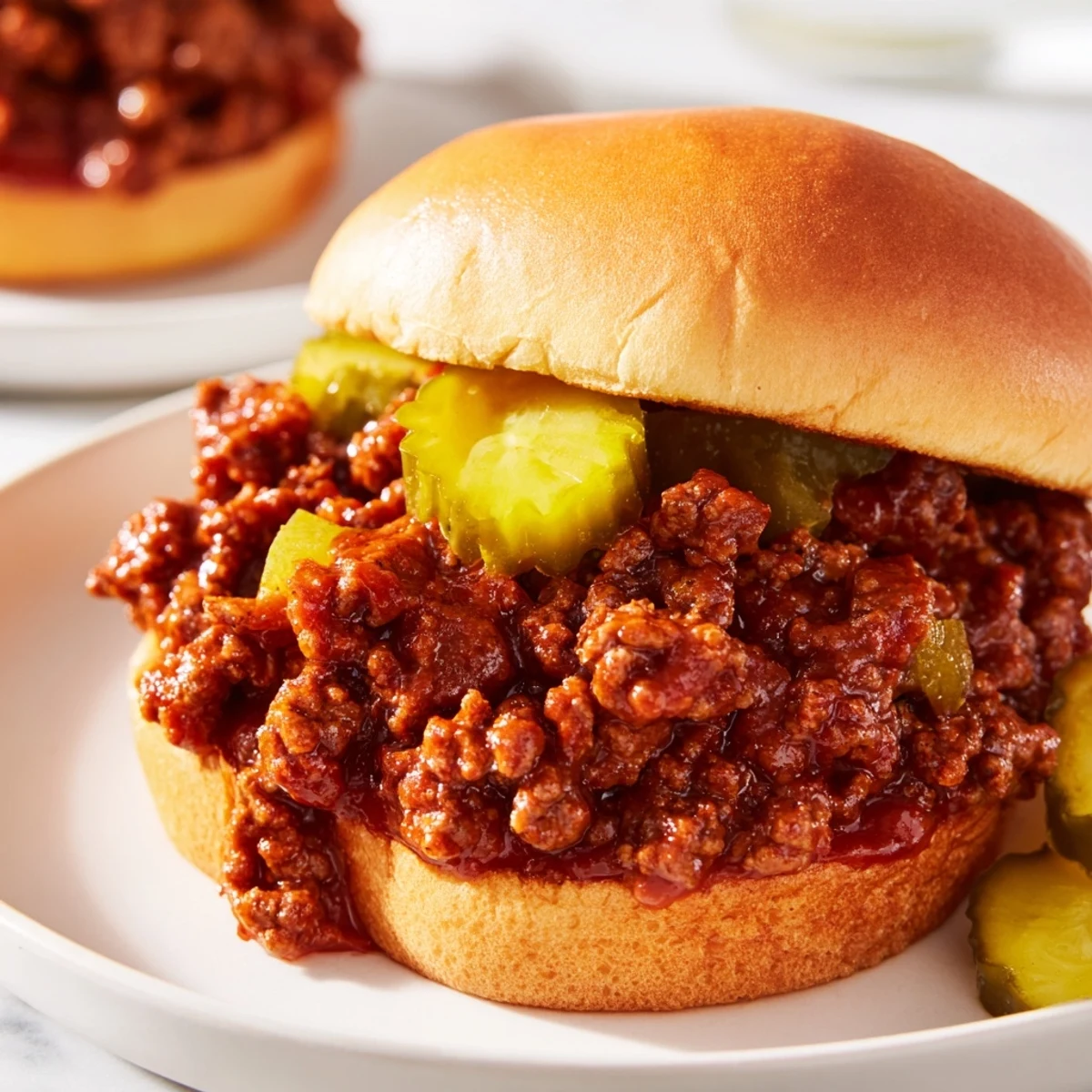 Hearty Sloppy Joes on toasted buns served on a plate, ready for a satisfying American family dinner.