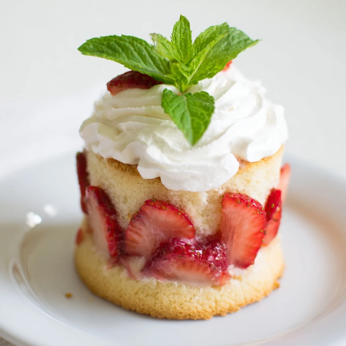 Freshly baked golden shortcake cups filled with macerated strawberries and a generous swirl of homemade whipped cream.