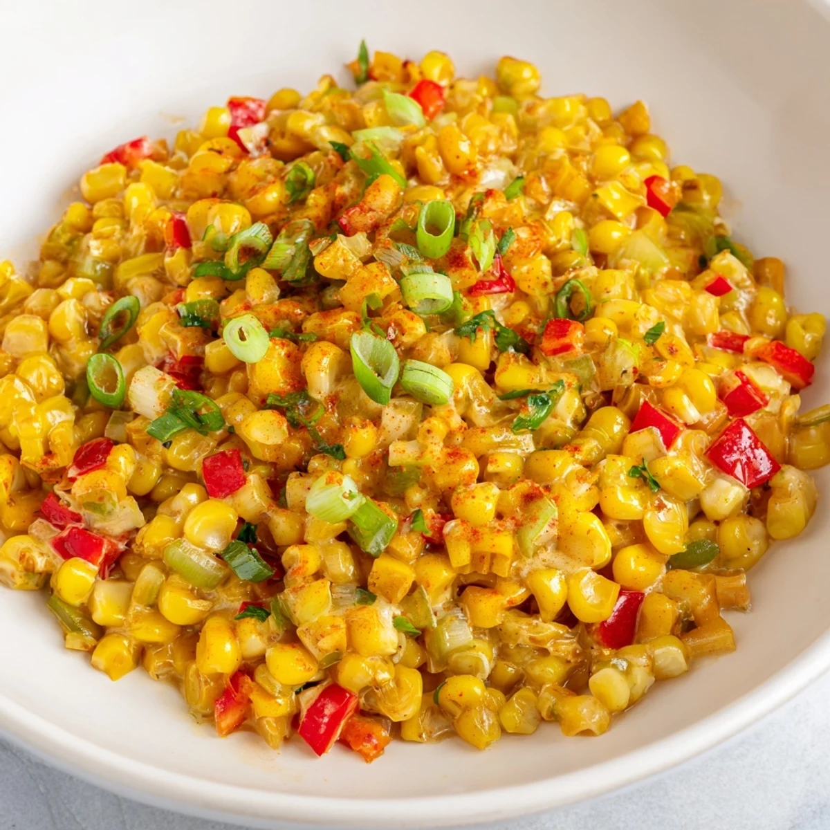 This Creole Corn Maque Choux with Peppers features tender corn and diced peppers in a rich, spicy cream sauce.