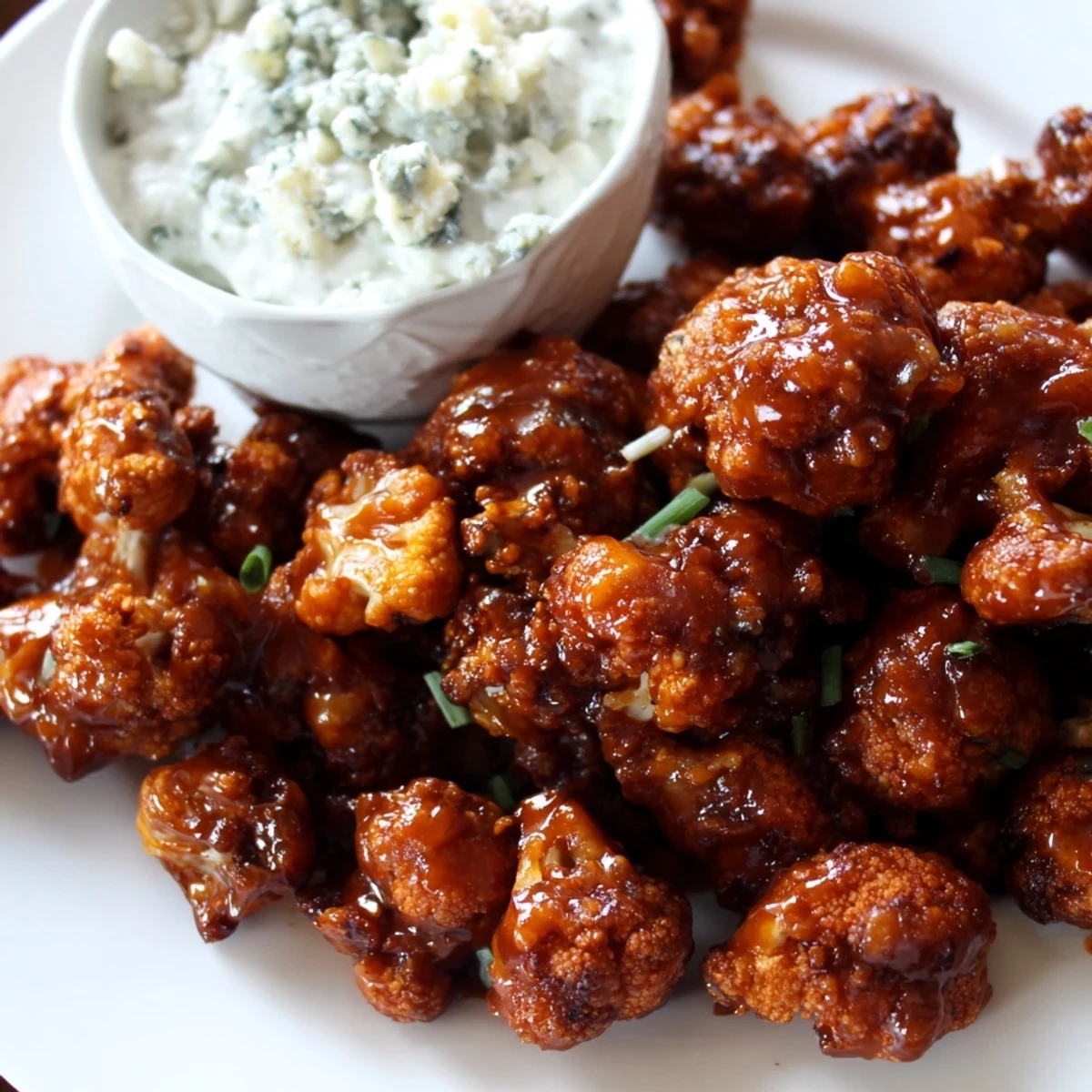 Golden-baked Buffalo Cauliflower Wings with Blue Cheese dip, garnished with fresh chives, celery, and carrot sticks for a spicy vegetarian appetizer.