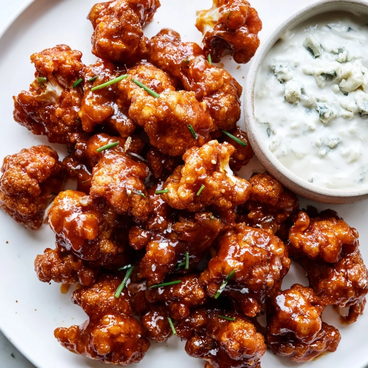 Crispy battered cauliflower florets coated in tangy Buffalo sauce, served hot alongside creamy blue cheese dip and crunchy vegetable sticks.