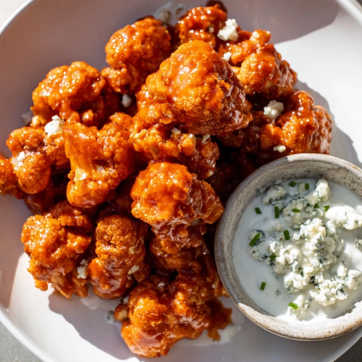 Tender baked Buffalo Cauliflower Wings with Blue Cheese, drizzled in vibrant sauce and paired with fresh celery for the ultimate game day snack.
